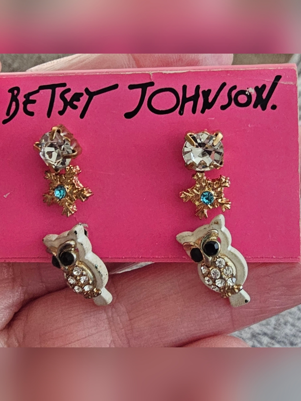 Clearance Sale! White, Gold and Black Crystal Owl Drop Earrings Lot